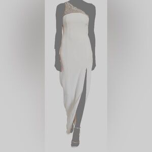 Jay Godfrey Elegant silver sequin white high slit gown Size 14. HEAD TURNER!!!!